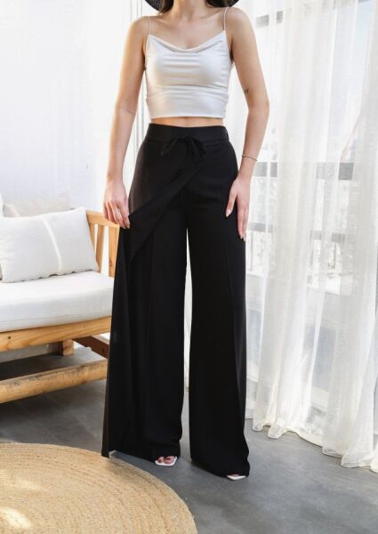 Keten Önü Çapraz Parçali Lasti̇kli̇ Ve Bağcikli Geni̇ş Paça Pantolon