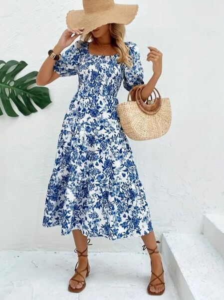 Kadın Kısa Kollu Kare Yakalı Lastikli Desenli Süprem Elbise