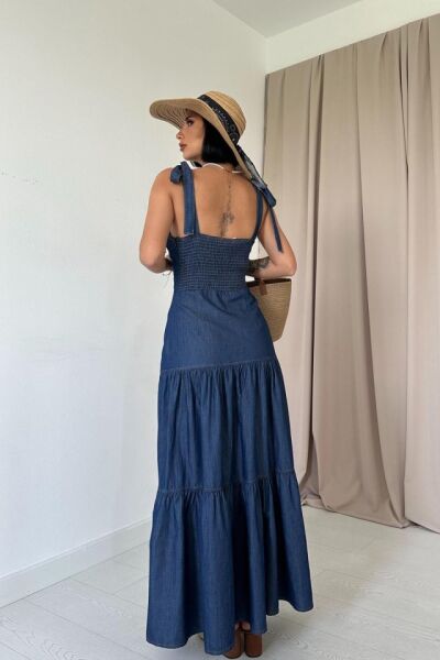 Mavi Tencel Bağlamalı Askılı Elbise