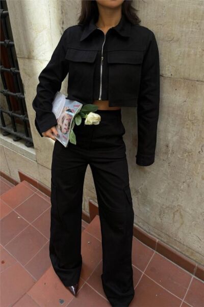 GABARDİN CROP CEKET-KARGO PANTOLON TAKIM - Siyah