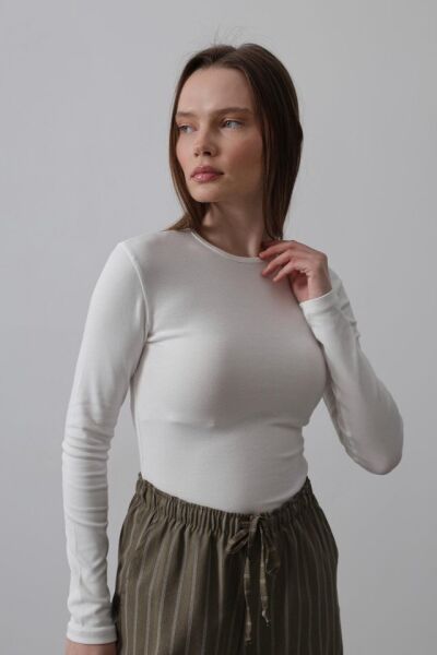 Uzun Kol Crop Top - Ekru