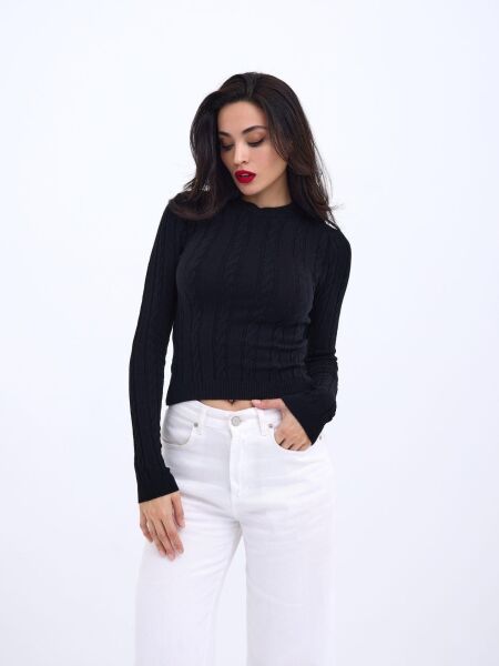 42491 TRİKO SAÇ ÖRGÜ CROP KAZAK-SİYAH