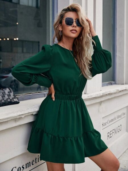 Kadın Uzun Kollu Bisiklet Yaka Beli Lastikli Fırfırlı Ithal Krep Elbise