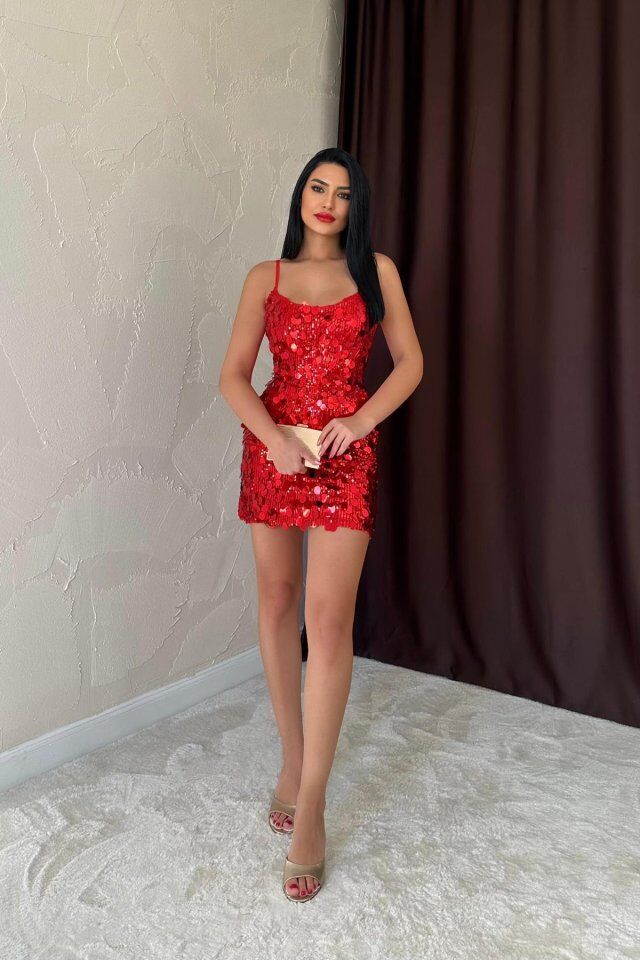 Kırmızı Payetli Askılı Elbise