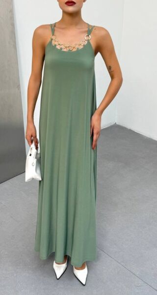 Kadın Omuz Askılı Kuş Gözü Zincir Detay Sandy Kumaş Maxi Boy Elbise