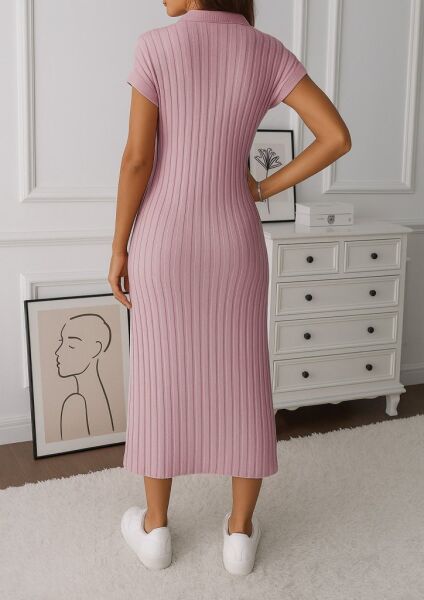 Kadın Kısa Kollu Yakalı Yandan Yırtmaçlı Kalın Fitilli Kaşkorse Elbise