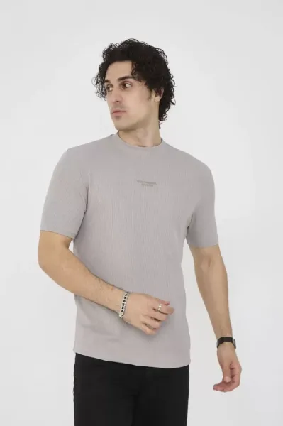 Unisex Bisiklet Yaka Slim Fit T-Shirt- Boyalı Gri
