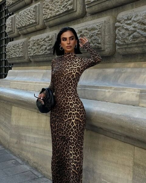 Kadın Uzun Kollu Balıkçı Yaka Gull Likralı Leopar Desen Maxi Boy Elbise