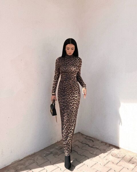 Kadın Uzun Kollu Balıkçı Yaka Gull Likralı Leopar Desen Maxi Boy Elbise