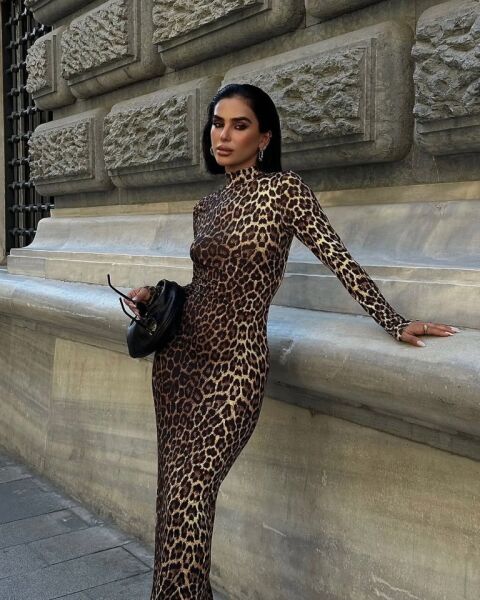 Kadın Uzun Kollu Balıkçı Yaka Gull Likralı Leopar Desen Maxi Boy Elbise