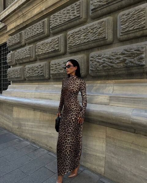 Kadın Uzun Kollu Balıkçı Yaka Gull Likralı Leopar Desen Maxi Boy Elbise