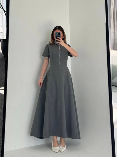 Kısa Kollu Önden Fermuarlı Çan Etekli Uzun Elbise - Antrasit