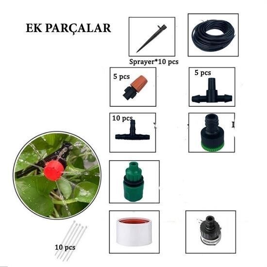 BUFFER® 10 Metre Bahçe Damlama Sulama Sistemi Seti Hortum ve Ek Parçaları