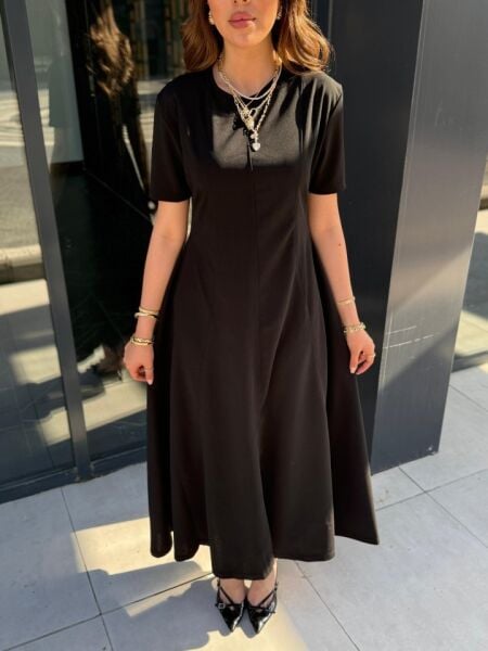 Kadın Kısa Kollu Bisiklet Yaka Maksi Boy Ithal Krep Elbise