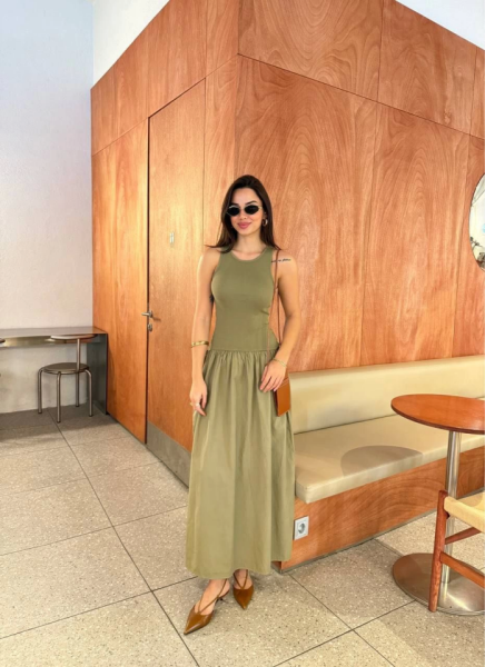 Kolsuz Uzun Elbise - Haki