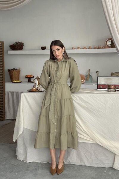 Çağla Çizgi Desenli Uzun Elbise