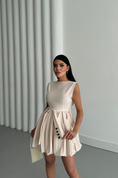BALON ETEKLİ TASARIM KISA ELBİSE - Bej