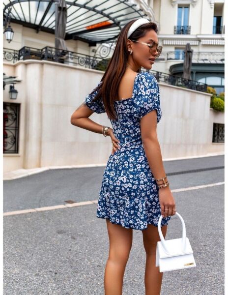 Kadın Kısa Kollu Kalp Yaka çiçek Desenli Krep Elbise