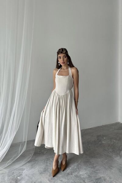 Bej Boyundan Bağlamalı Keten Elbise