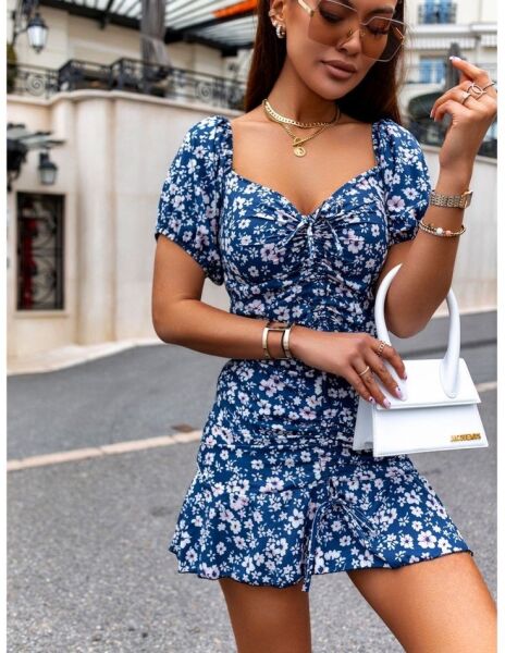 Kadın Kısa Kollu Kalp Yaka çiçek Desenli Krep Elbise