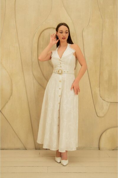 Beyaz İnci Kemer Detaylı Dantelli Elbise