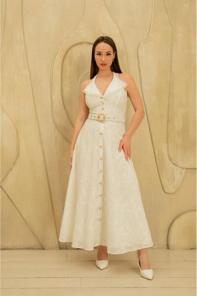 Beyaz İnci Kemer Detaylı Dantelli Elbise