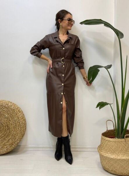 Kahverengi Kemerli Deri Elbise