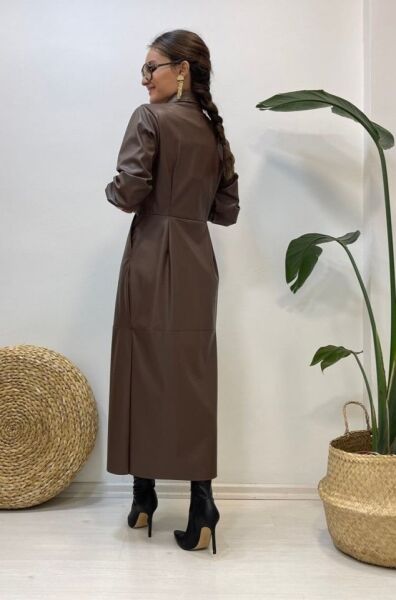 Kahverengi Kemerli Deri Elbise