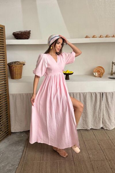 Pembe Müslin Uzun Elbise