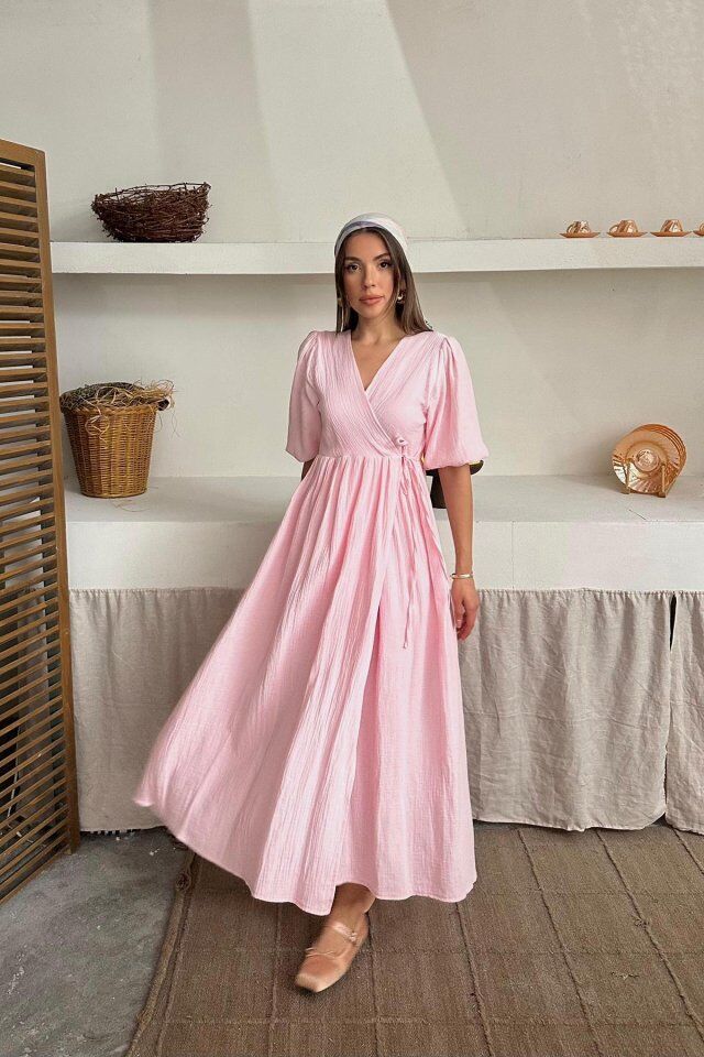 Pembe Müslin Uzun Elbise