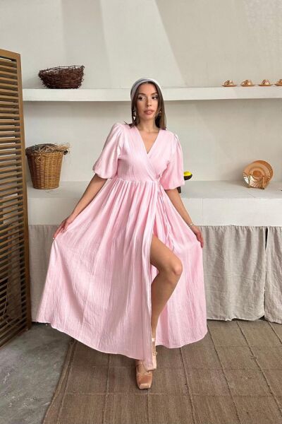 Pembe Müslin Uzun Elbise