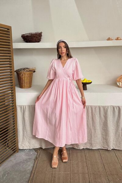 Pembe Müslin Uzun Elbise