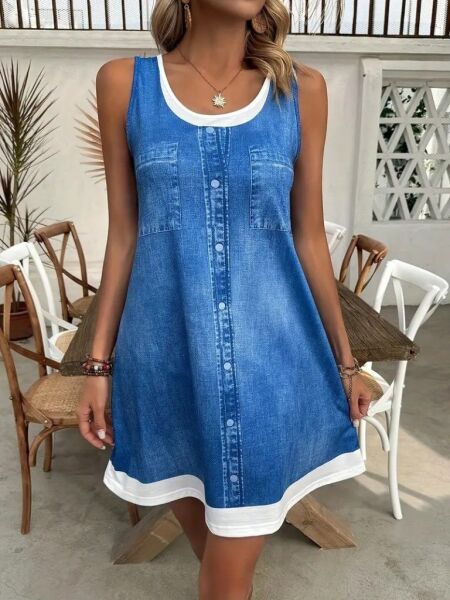 Kadın Askılı Yuvarlak Yakalı Kot Görünümlü Kısa Süprem Elbise