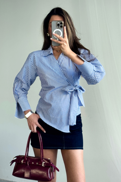 ÇİZGİLİ POPLİN KRUVAZE BAĞLAMALI GÖMLEK - Mavi