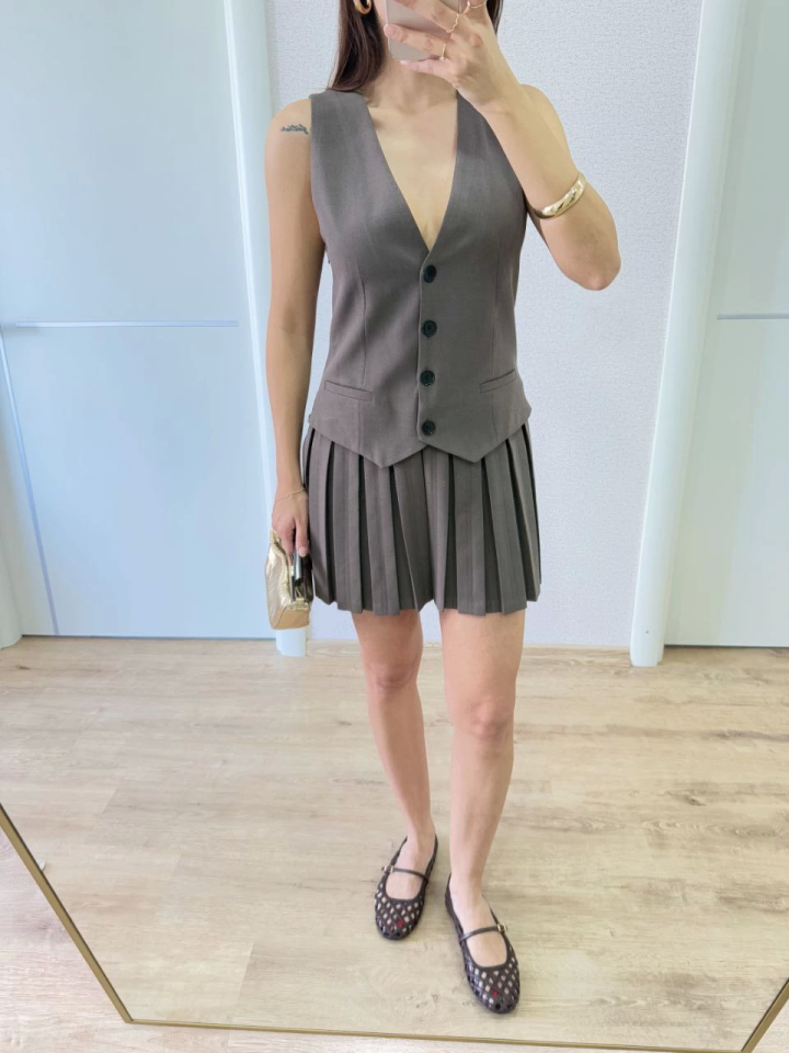 Takım Görünümlu Yelekli Mini Elbise- Füme