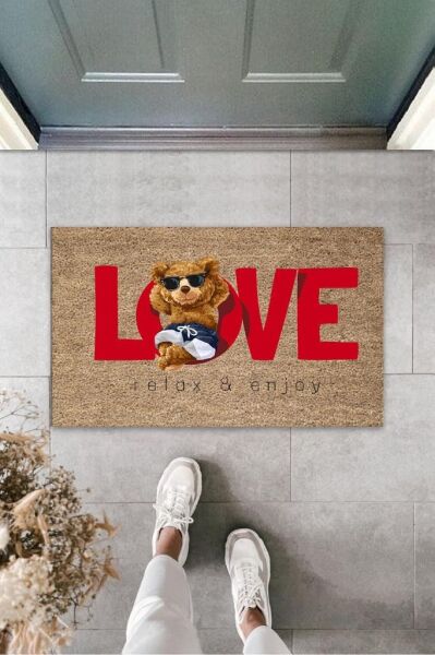 Dekoratif Dijital Love Ayıcık Bej Kapı Paspası Dış Mekan Paspas K-3178