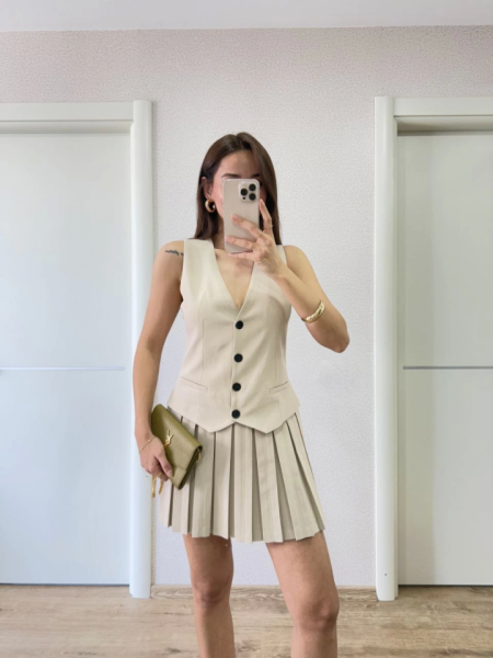 Takım Görünümlu Yelekli Mini Elbise- Bej
