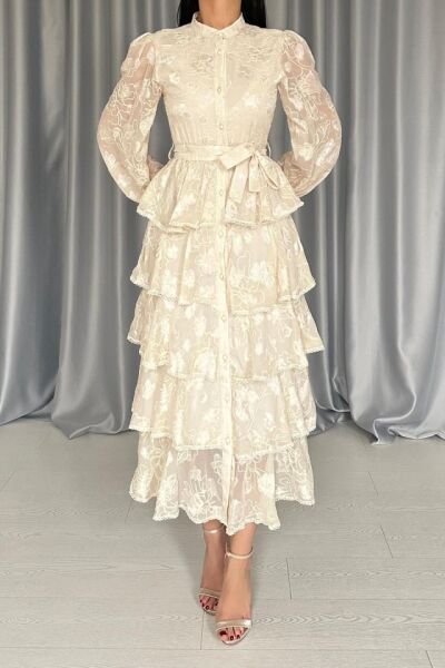 Bej Valonlu Şeritli Kat Kat Elbise