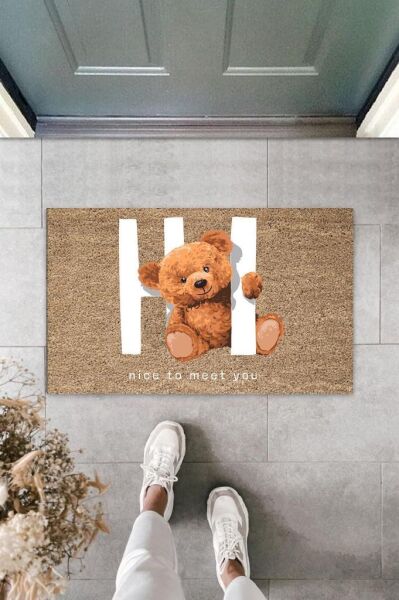 Dekoratif Dijital Nice To Meet You Ayıcık Bej Kapı Paspası Dış Mekan Paspas K-3061