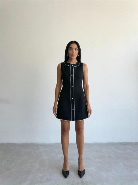 CHANEL KUMAŞ KISA ÖNDEN DÜĞMELİ ELBİSE - Siyah