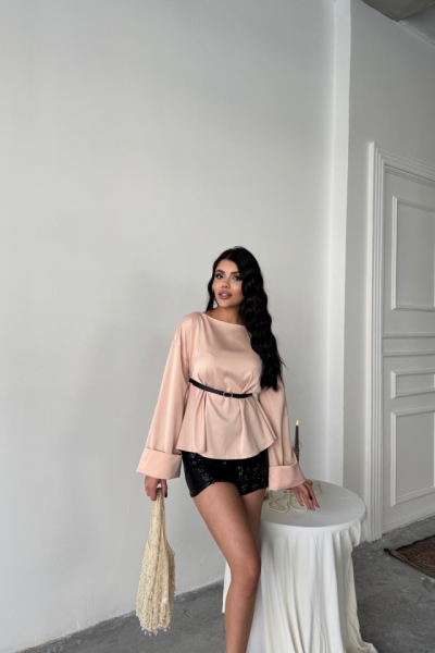 KEMER DETAYLI SATEN BLUZ - Pembe