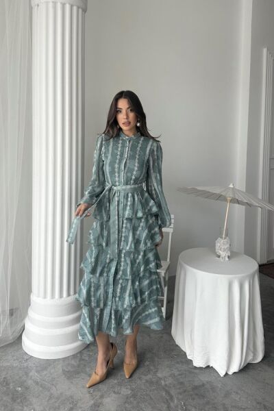 Mint Uzun Volanlı Elbise