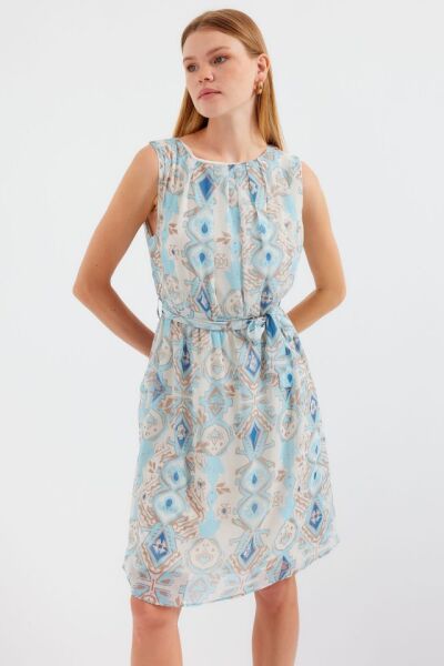 2501 Desenli Sıfır Kol Şifon Elbise - Mavi