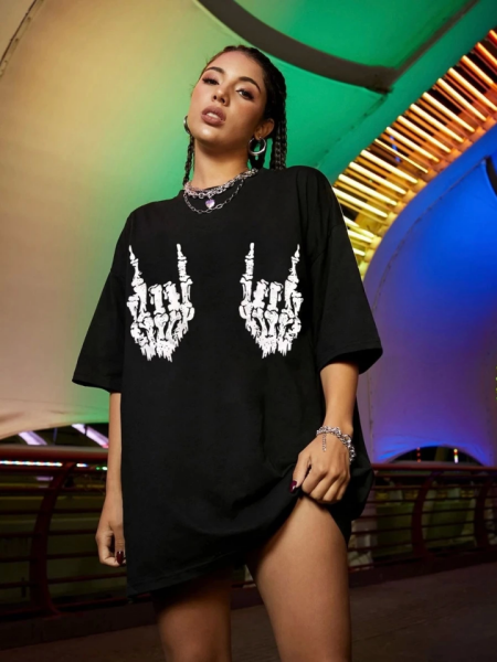 Baskılı Oversize T-shirt - Siyah