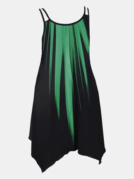 Kadın Askılı Yuvarlak Yaka Asimetrik Detaylı Desenli Süprem Elbise