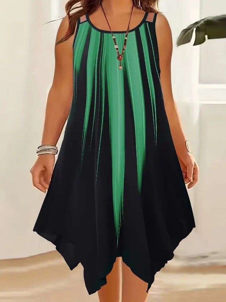 Kadın Askılı Yuvarlak Yaka Asimetrik Detaylı Desenli Süprem Elbise