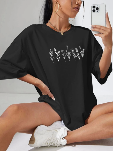 Baskılı Oversize T-shirt - Siyah