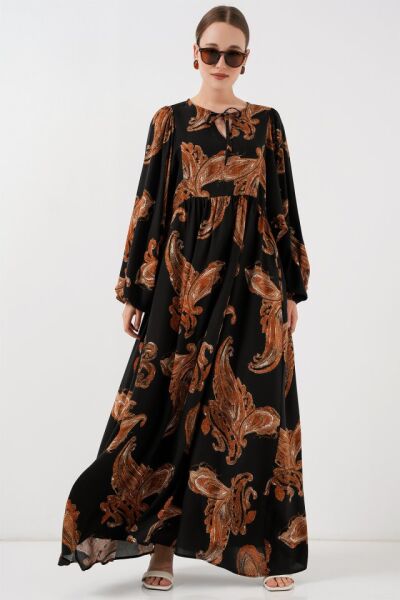 Balon Kol Uzun Tesettür Elbise 2464 - M. Taba