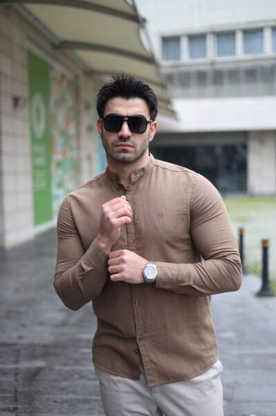 Erkek Pamuklu Keten Kumaş Hakim Yaka Gömlek