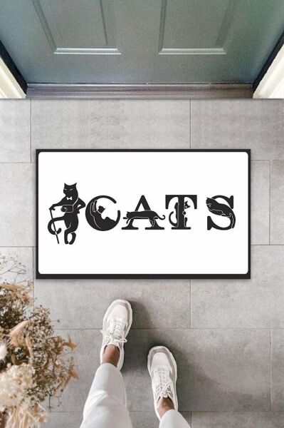 Dijital Baskı Beyaz Kedilerle Bezenmiş Cats Yazılı Dekoratif Kapı Paspası K-2028